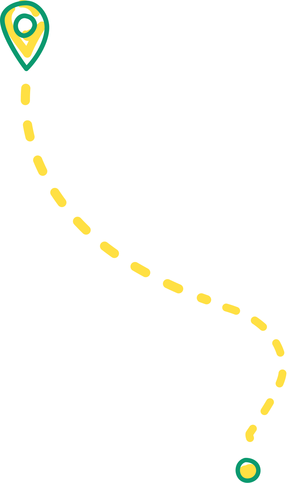 Ornamento decorativo vertical de mapa con líneas curvas verdes y tres puntos de ubicación amarillos conectados formando una ruta