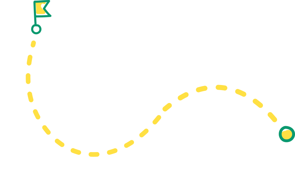 Ornamento decorativo de mapa con líneas curvas verdes y puntos de ubicación amarillos formando un camino sobre fondo blanco